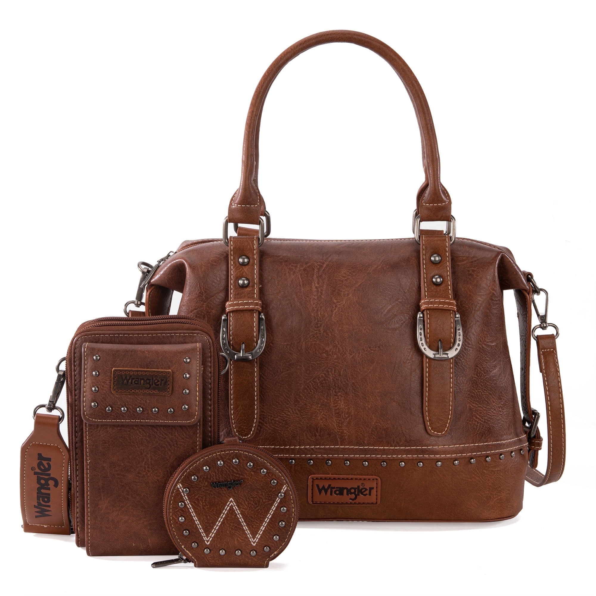 Wrangler 3Pcs Doctor Bag Sets for Women Top-Handle Satchel Bag with Cell Phone Handbags & Coin Purse, Brown