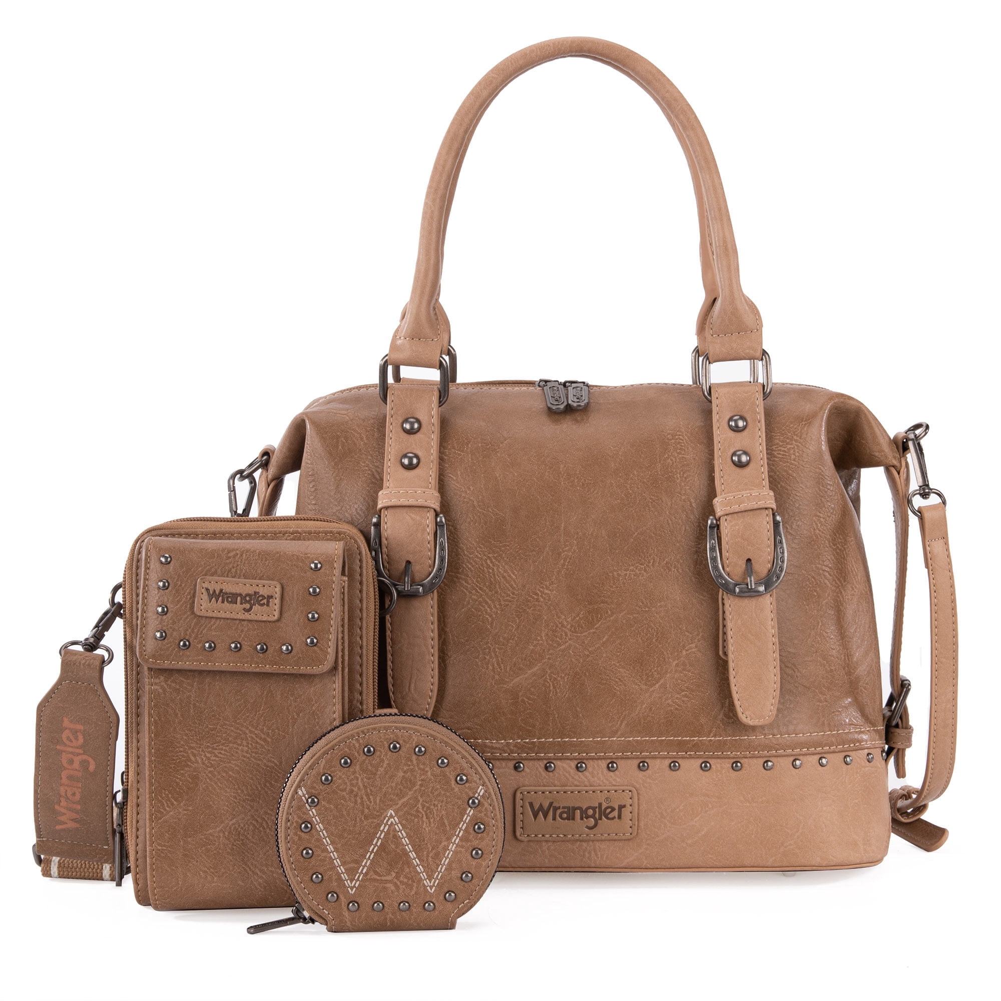 Wrangler 3Pcs Doctor Bag Sets for Women Top-Handle Satchel Bag with Cell Phone Handbags & Coin Purse, Khaki
