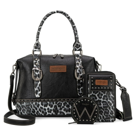 Wrangler 3Pcs Doctor Bag Sets for Women Top-Handle Satchel Bag with Cell Phone Handbags & Coin Purse, Leopard-Black