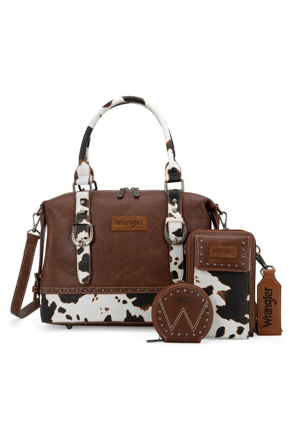Wrangler 3Pcs Doctor Bag Sets for Women Top-Handle Satchel Bag with Cell Phone Handbags & Coin Purse, Cow Print-Brown