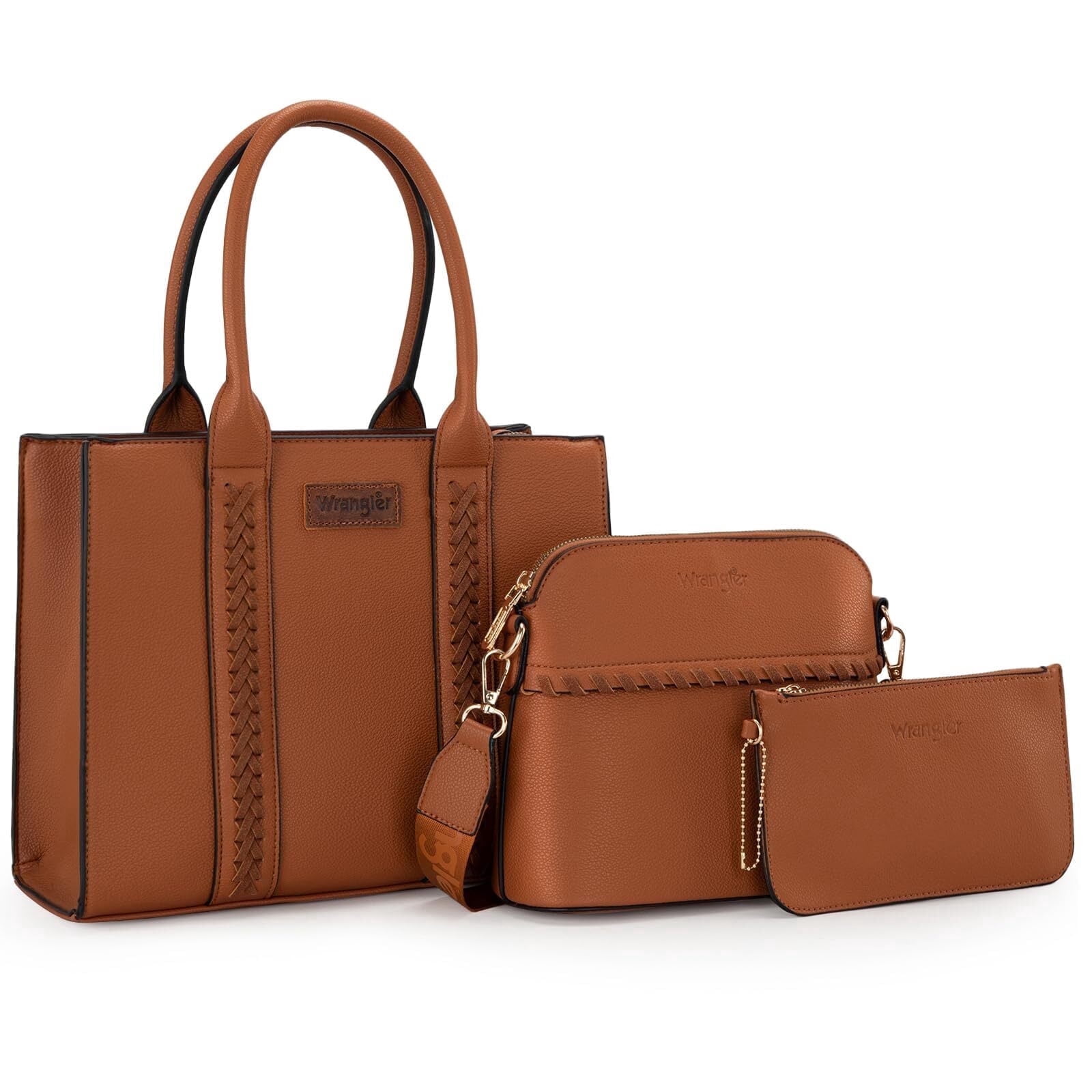 Wrangler 3Pcs Handbags Set Tote Bag & Medium Crossbody Purse & Wallet, Brown