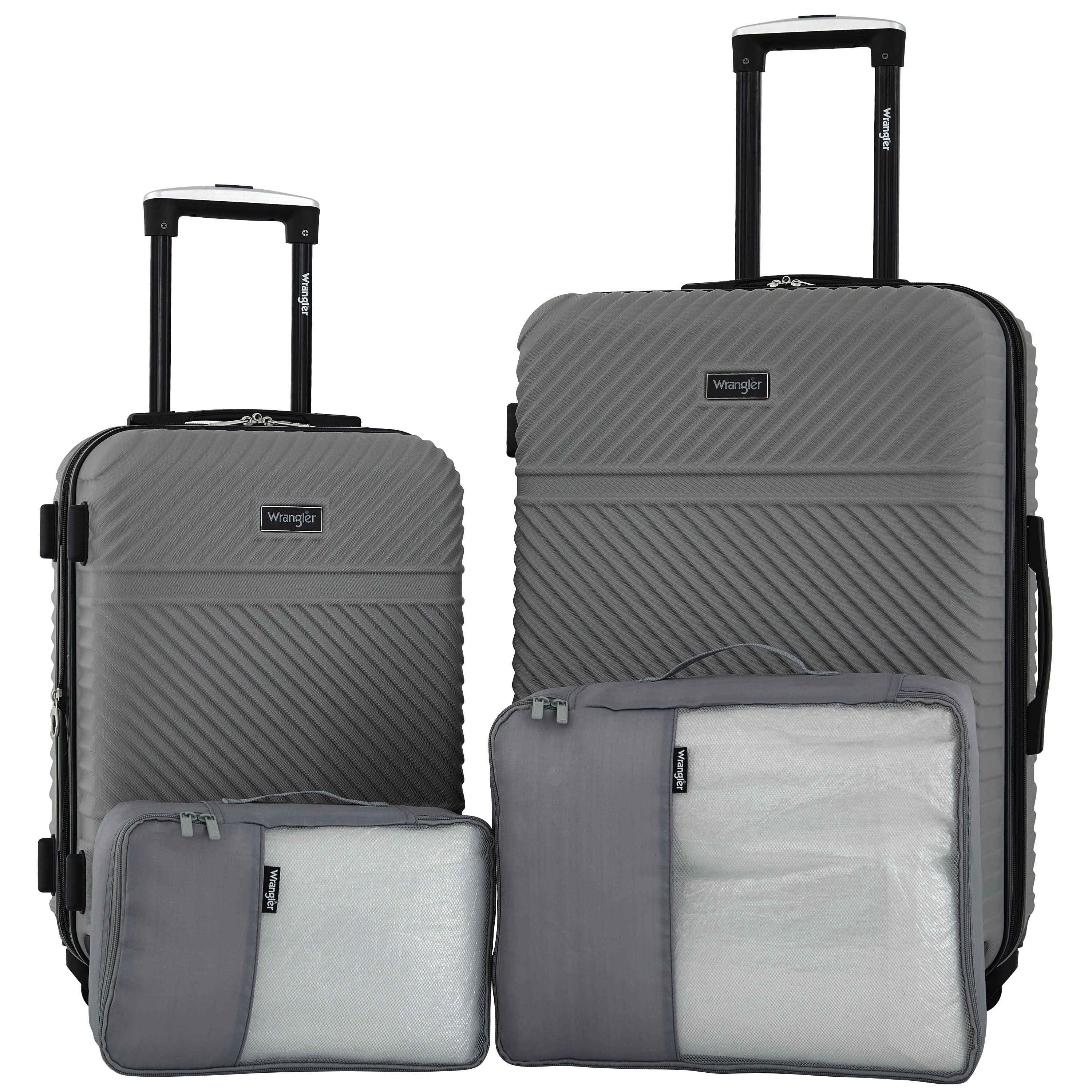 Wrangler 4 Piece Expandable Hardside Spinner Luggage Set with Packing Cubes Sharkskin Grey