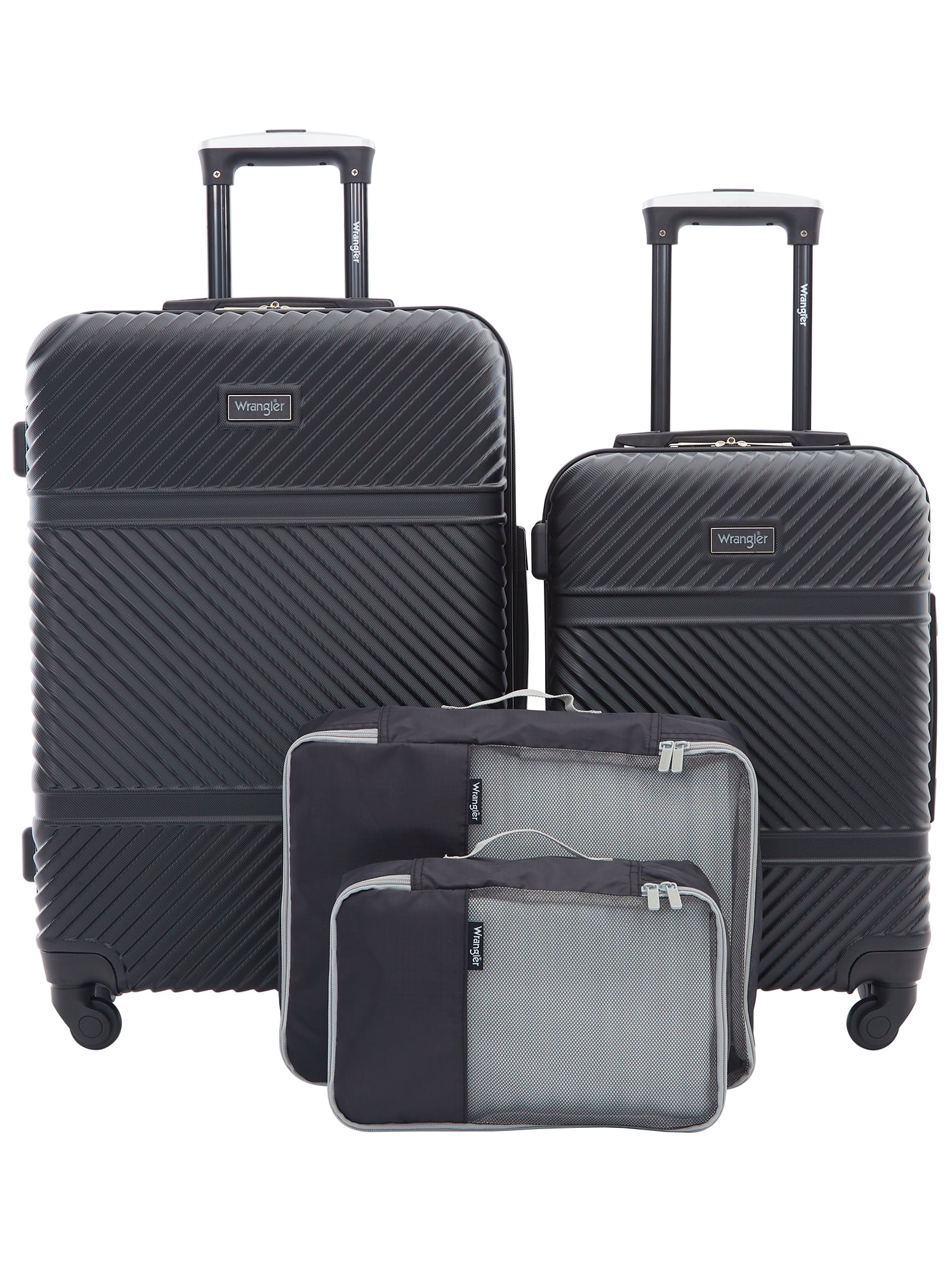Wrangler 4 PC Hardside Spinner Luggage Set with 20 and 25 Suitcases and Packing Cubes, Black