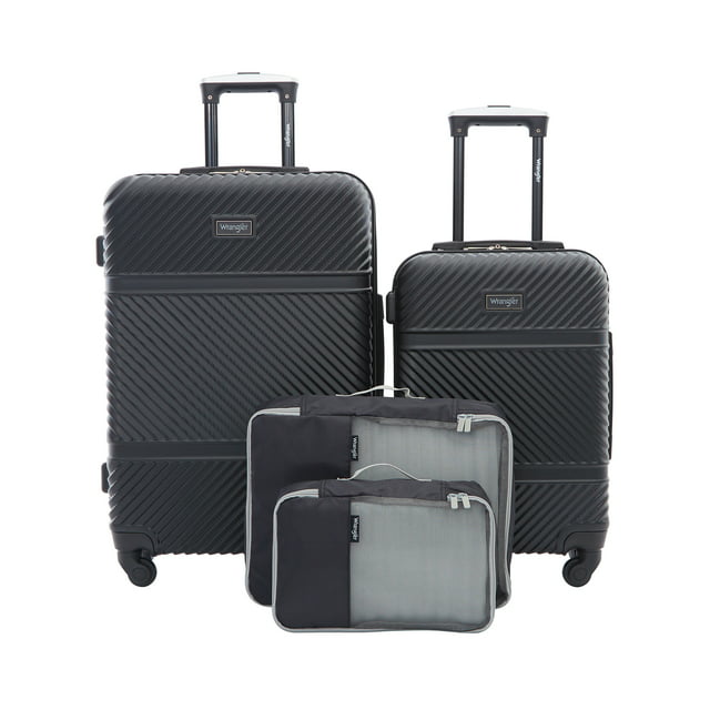 Wrangler 4 Pc Hardside Spinner Luggage Set with 20" & 25" Suitcases and Packing Cubes, Black