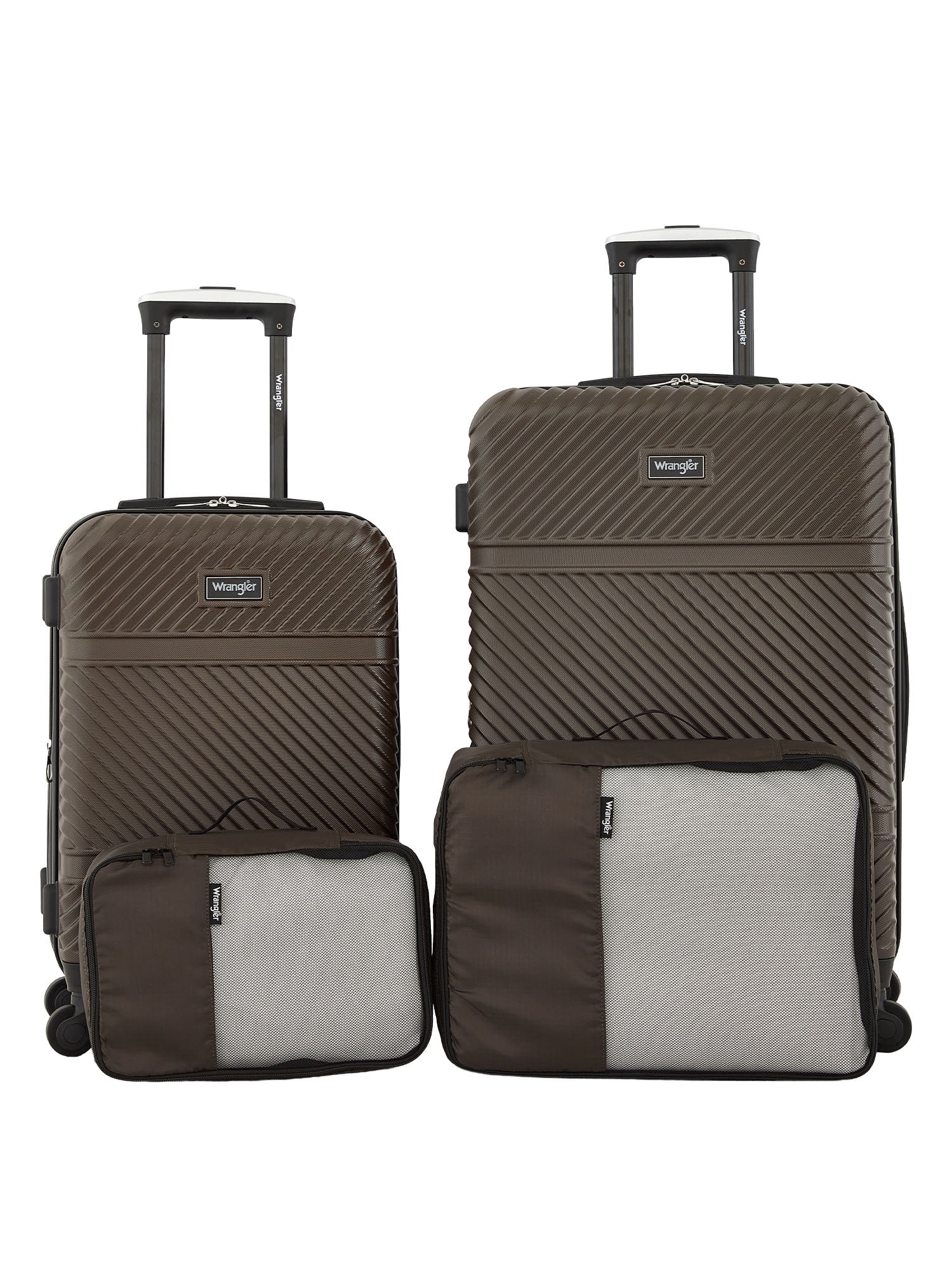 Wrangler 4 Piece Expandable Hardside Spinner Luggage Set with Packing Cubes, Brown