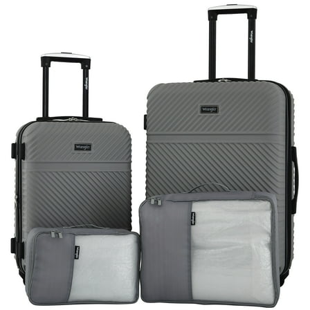 Wrangler 4 Piece Expandable Hardside Spinner Luggage Set with Packing Cubes, Sharkskin Grey