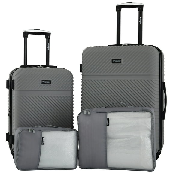 Wrangler 4 Piece Expandable Hardside Spinner Luggage Set with Packing Cubes, Sharkskin Grey