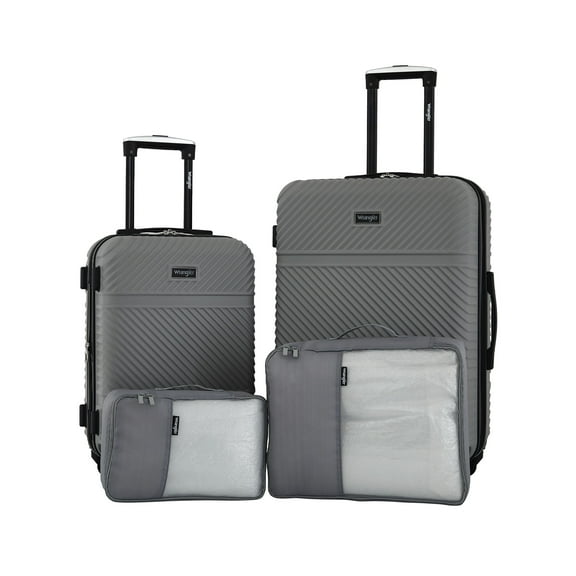 Wrangler 4 Piece Expandable Hardside Spinner Luggage Set with Packing Cubes, Sharkskin Grey