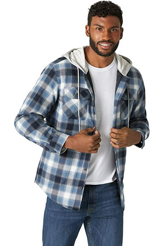 Authentics Men's Long Sleeve Quilted Lined Flannel Shirt Jacket with Hood, Blue/Black, Medium