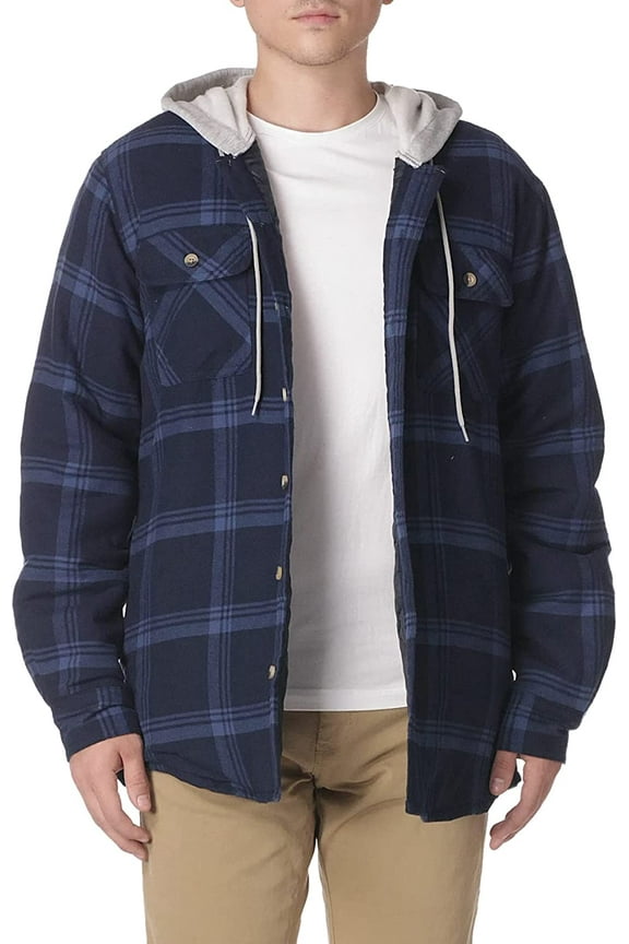 Authentics Men's Long Sleeve Quilted Lined Flannel Shirt Jacket with Hood Small Total Eclipse With Heather