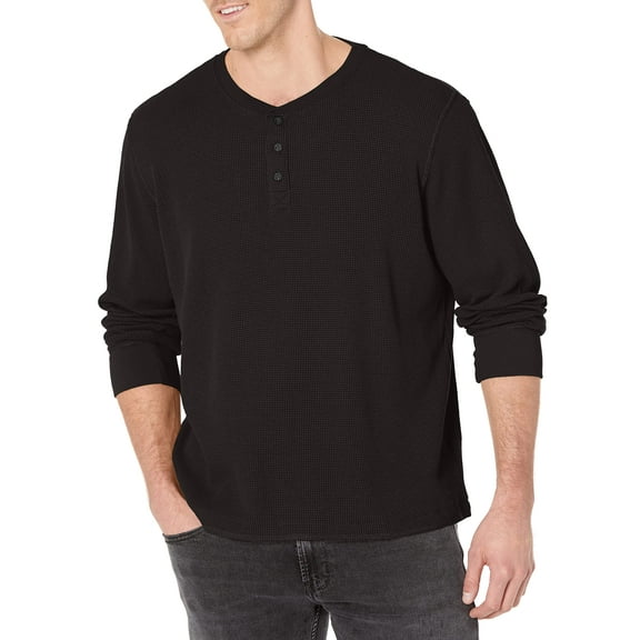 Wrangler Authentics Men's Long Sleeve Waffle Henley, Caviar, Large