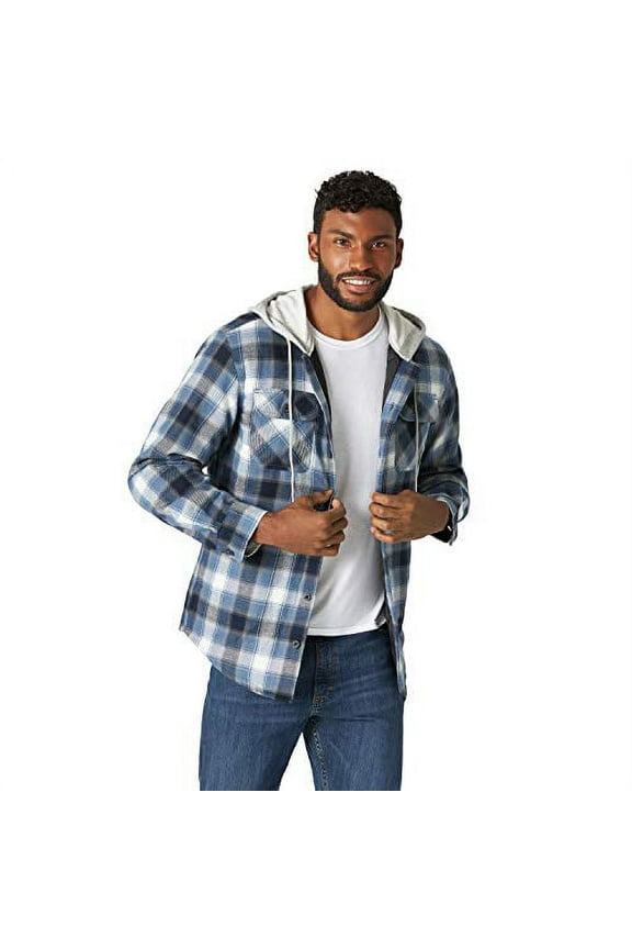 Authentics Men's Wrangler Authentics Men's Long Sleeve Quilted Lined Flannel Jacket with Hood Shirt, -Vintage Night, X-Large
