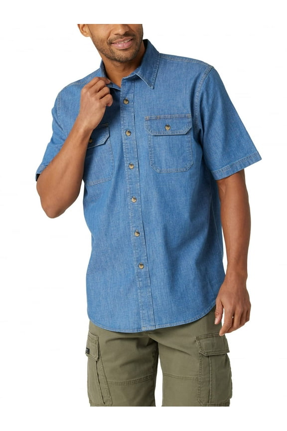 Authentics mens Short Sleeve Classic Woven Button Down Shirt, Mid Wash, Medium US