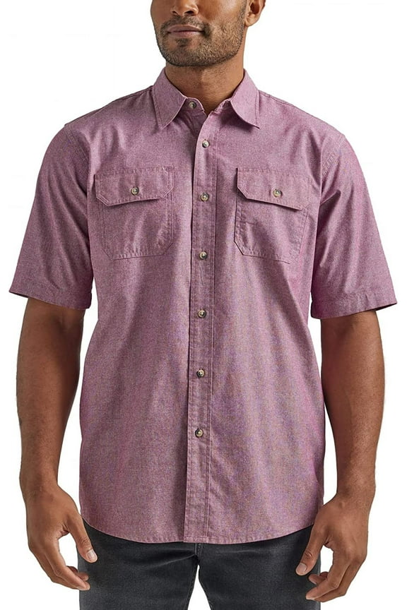 Authentics mens Short Sleeve Classic Woven Button Down Shirt, Tawny Port Chambray, Large US