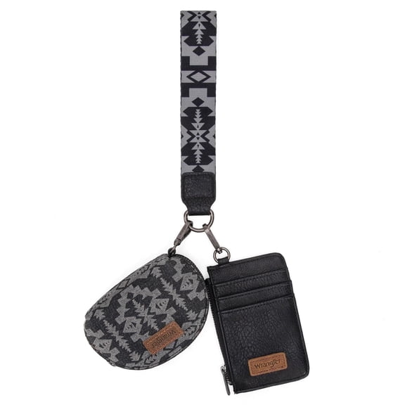 Wrangler Aztec Keychain Wristlet Wallets for Women Western Dual Pouch Wristlet Credit Card Holder Wallet with Zipper Pocket, Retro-Black
