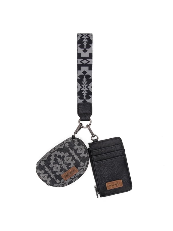 Wrangler Aztec Keychain Wristlet Wallets for Women Western Dual Pouch Wristlet Credit Card Holder Wallet with Zipper Pocket, Retro-Black