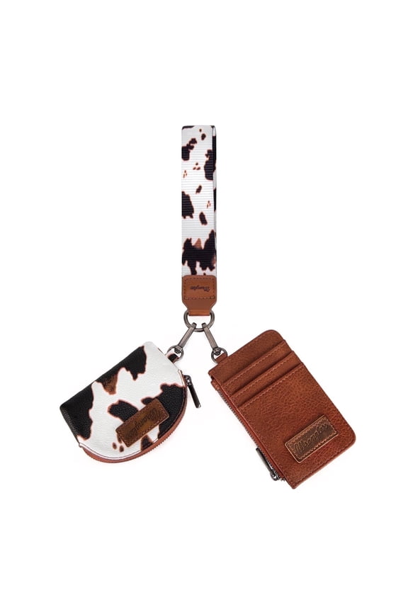 Wrangler Cow Print KeyChain Wristlet Wallets for Women Western Dual Pouch Wristlet Portable Credit Card Holder Wallet With Zipper, Cow-Brown