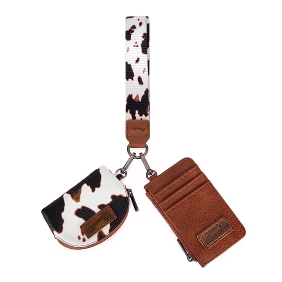 Wrangler Cow Print KeyChain Wristlet Wallets for Women Western Dual Pouch Wristlet Portable Credit Card Holder Wallet With Zipper, Cow-Brown