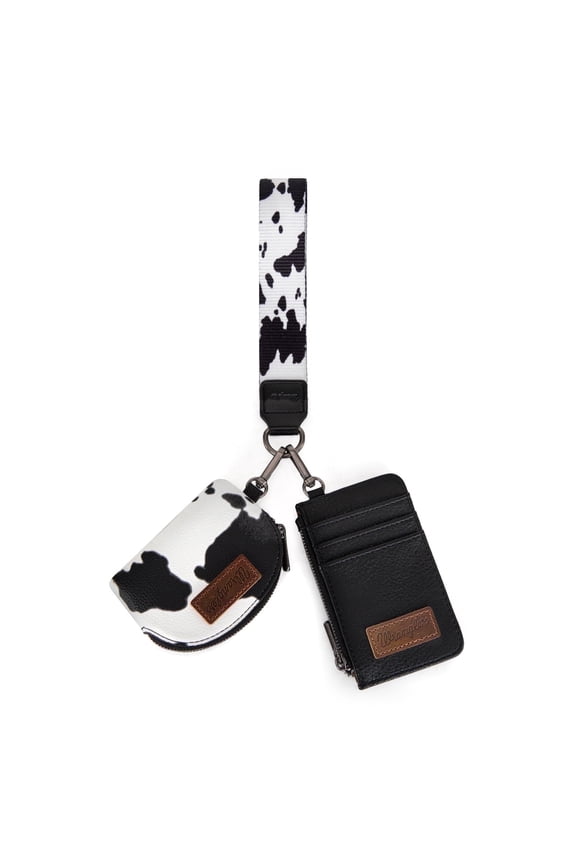 Wrangler Cow Print KeyChain Wristlet Wallets for Women Western Dual Pouch Wristlet Portable Credit Card Holder Wallet With Zipper, Cow-Black