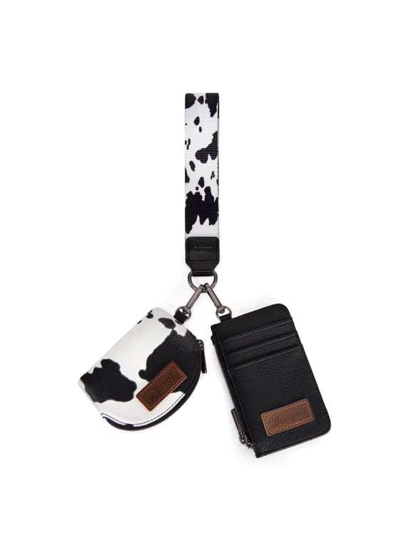 Wrangler Cow Print KeyChain Wristlet Wallets for Women Western Dual Pouch Wristlet Portable Credit Card Holder Wallet With Zipper, Cow-Black