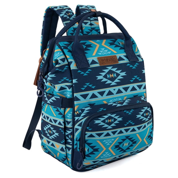 Wrangler Aztec Travel Backpack Baby Bag for Women with Stroller Strap and Side Bottle Pockets Organized Diaper Bag, Navy