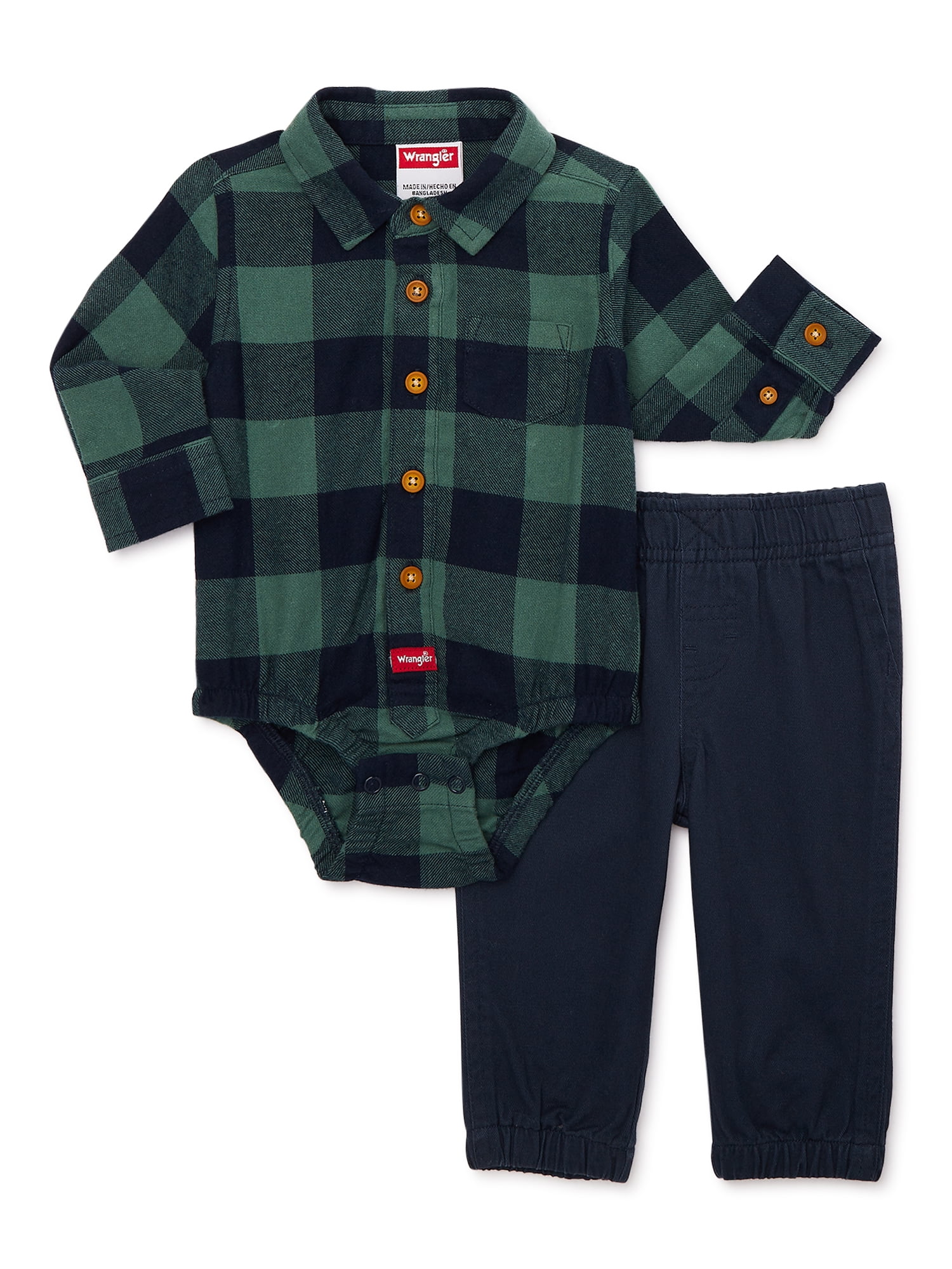 Wrangler Baby Boy Flannel Button Down Bodysuit and Joggers Outfit Set