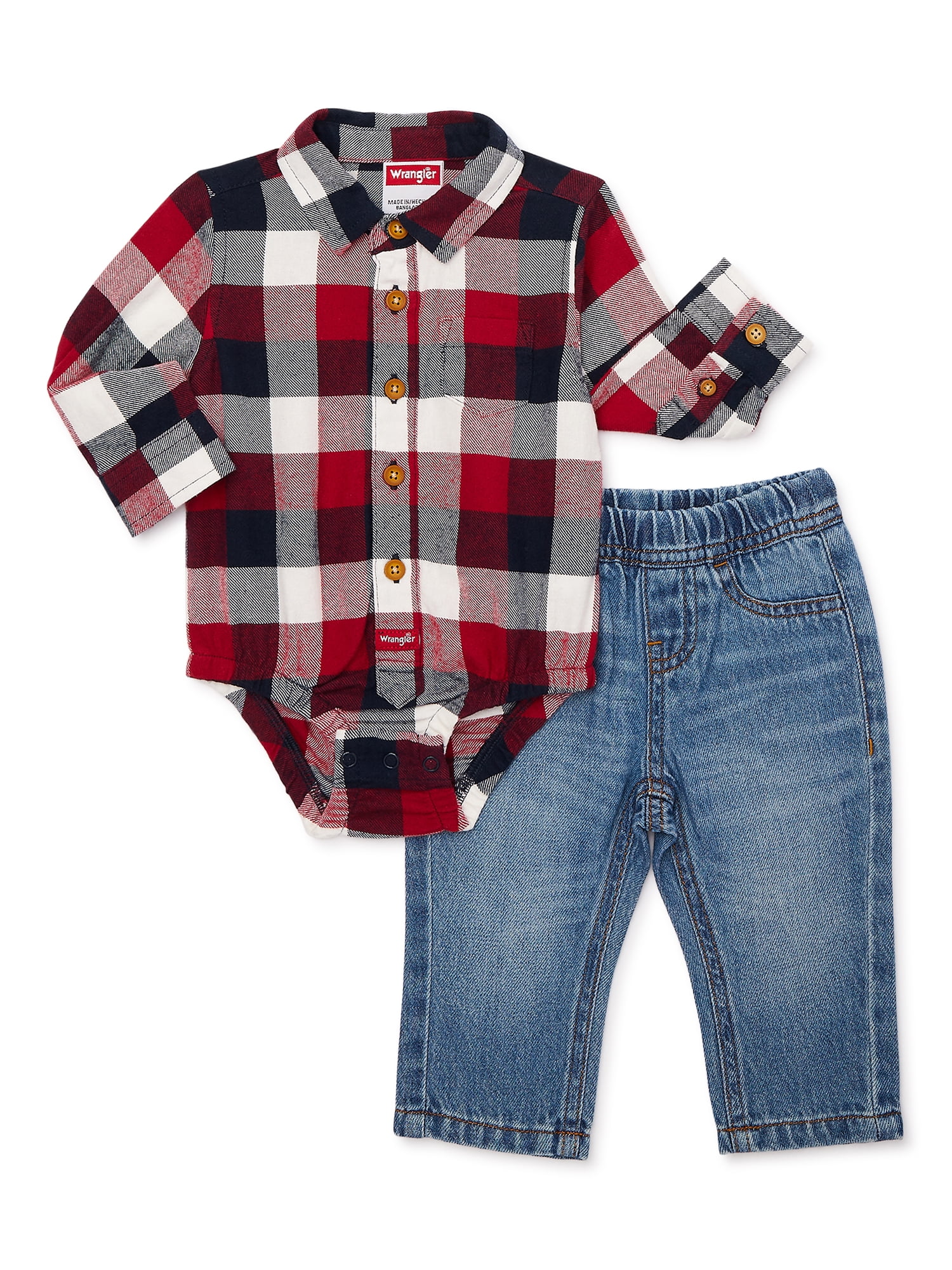 Wrangler Baby Boy Flannel Button Down Bodysuit and Joggers Set, 2Piece