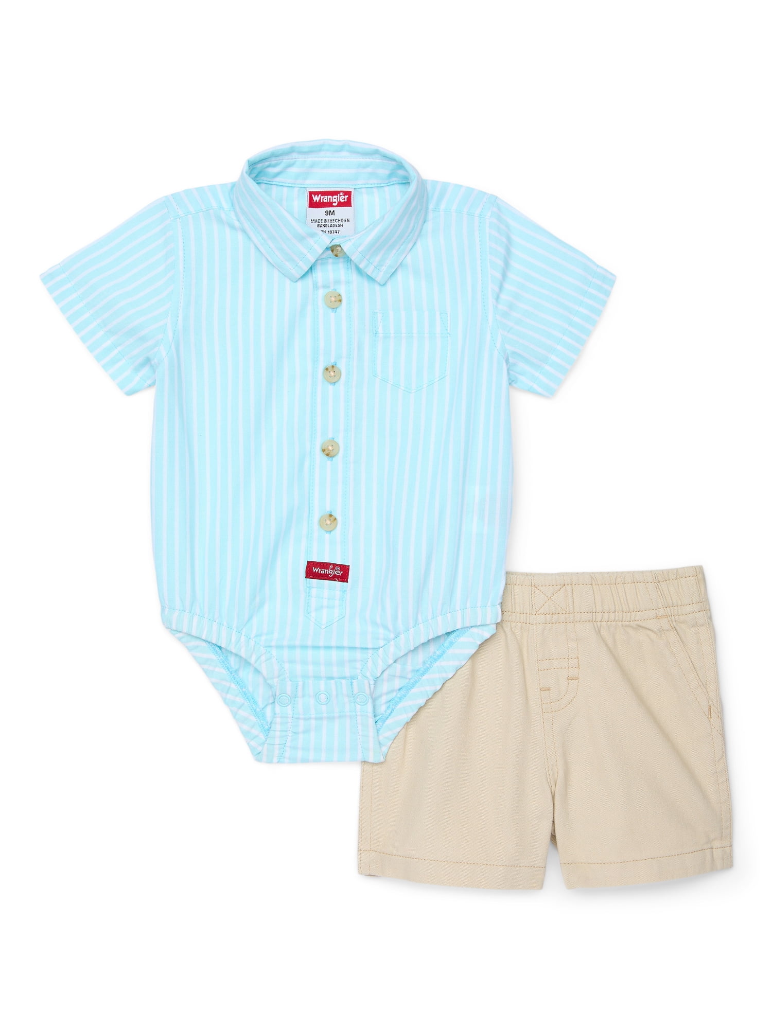 Wrangler Baby Boys Collared Bodysuit and Shorts Outfit Set, 2Piece, 0