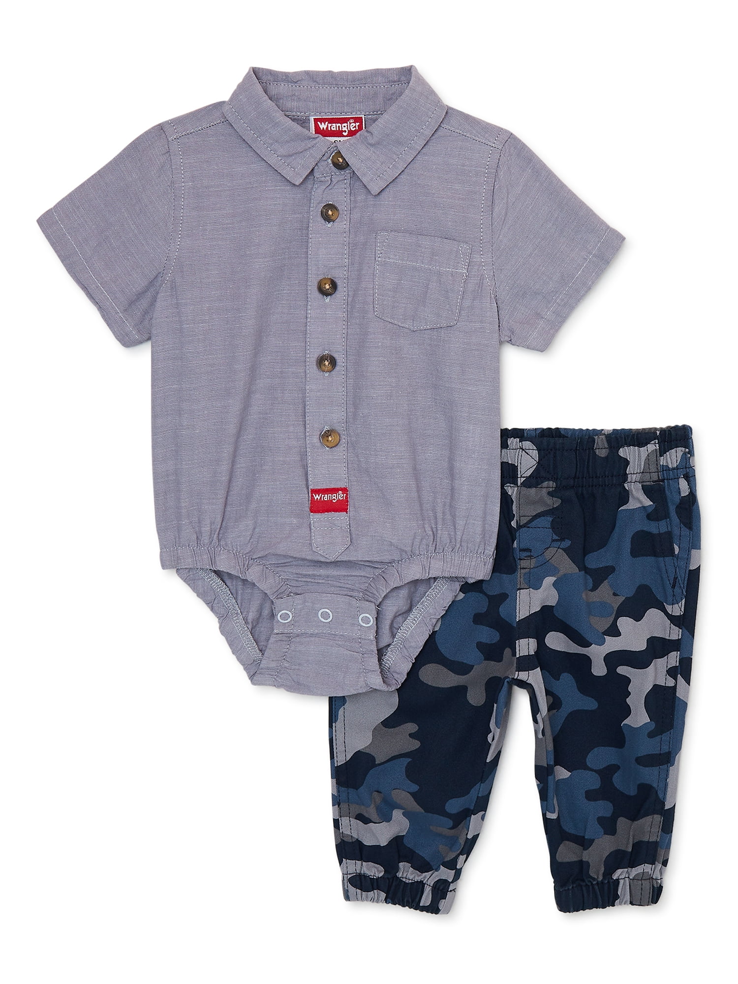 Wrangler Baby Boys Short Sleeve Bodysuit with Woven Pants, 2Piece Set