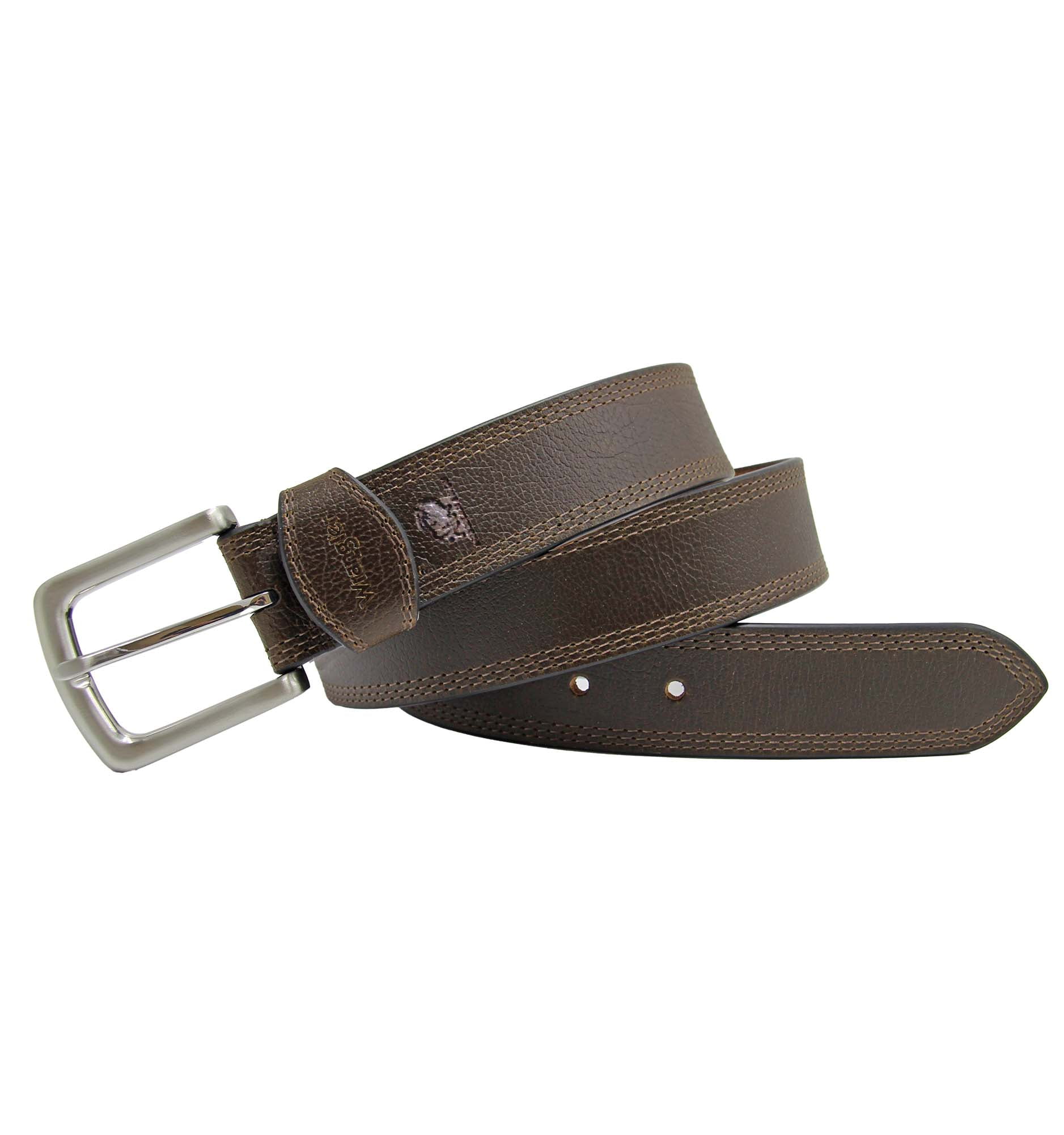 Wrangler Men's Bison Leather Belt with Triple Stitching - River Tan