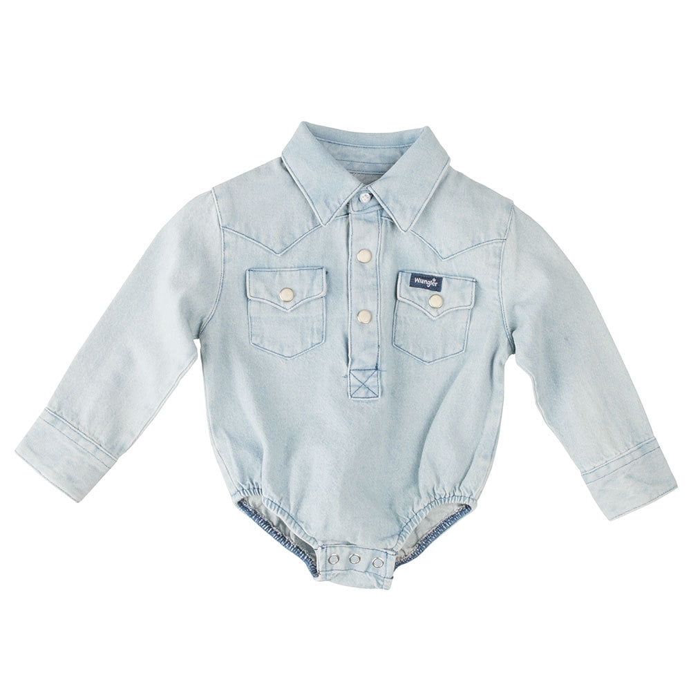 18M Faded Blue Cotton Denim Long Sleeve Baby Onesie