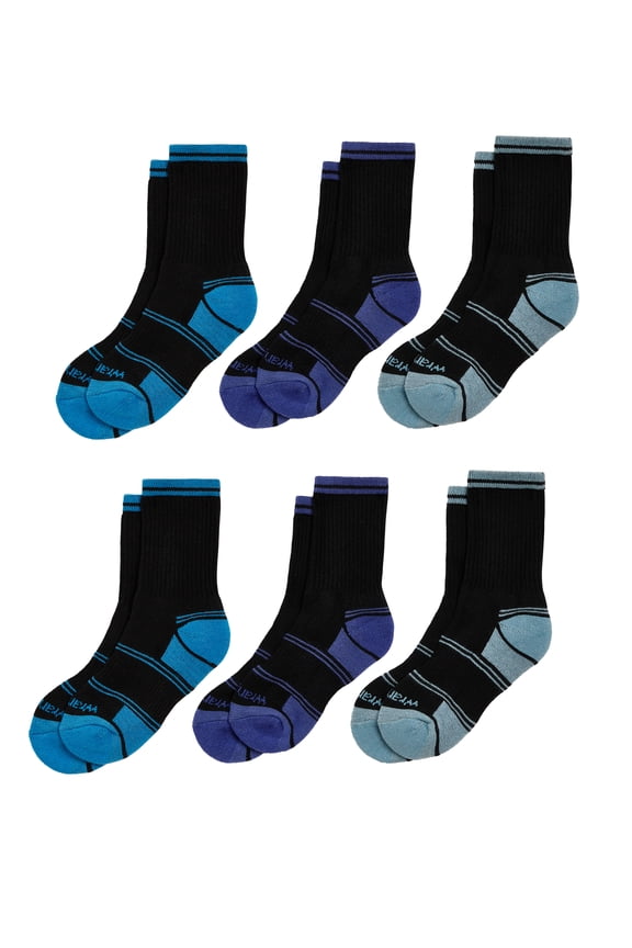 Boys' Essentials Cool Comfort Crew Socks, Assorted Cushioned Socks for Kids, Large, 6-Pack