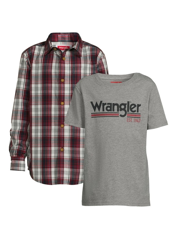 Wrangler Boys Long Sleeve Button-Up Shirt and Short Sleeve Graphic T-Shirt, 2-Pack, Sizes 4-18 & Husky
