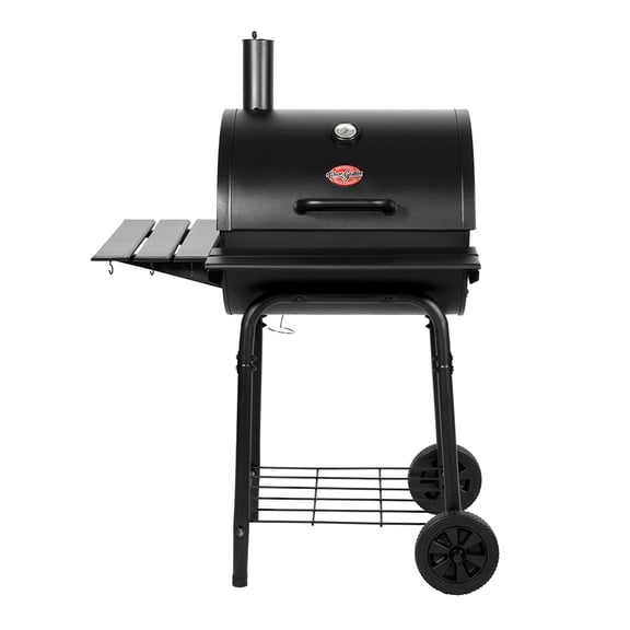Char-Griller Wrangler Charcoal Grill, Metal Front and Side Shelf, Black, Compact Barrel Grill