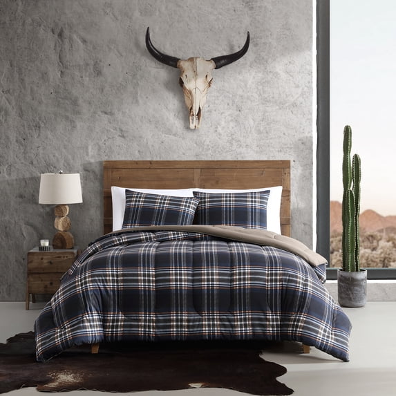 Wrangler City Flats Plaid Microfiber Blue 3 Piece Comforter Set-Full/Queen