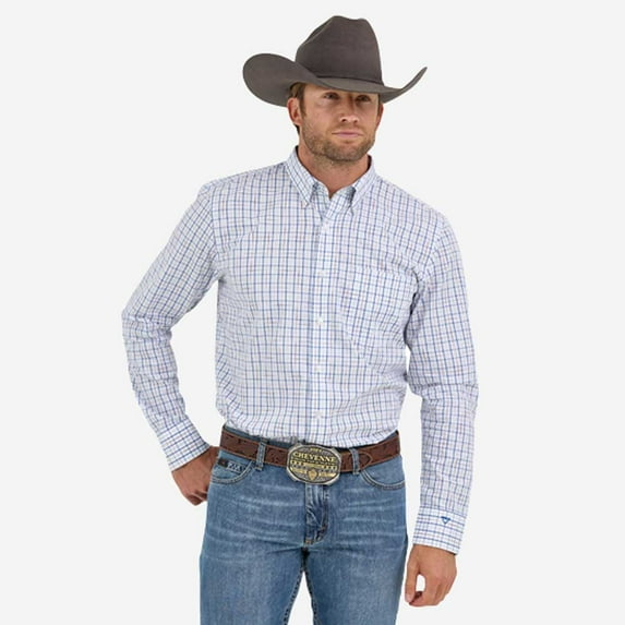 Wrangler Men's X Cody Johnson Checkered Print Long Sleeve Button-Down Western White