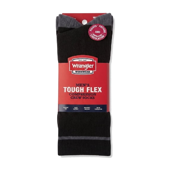 Wrangler Comfort Compression Crew Socks for Men, Size 6-12, Black, 3 Pairs