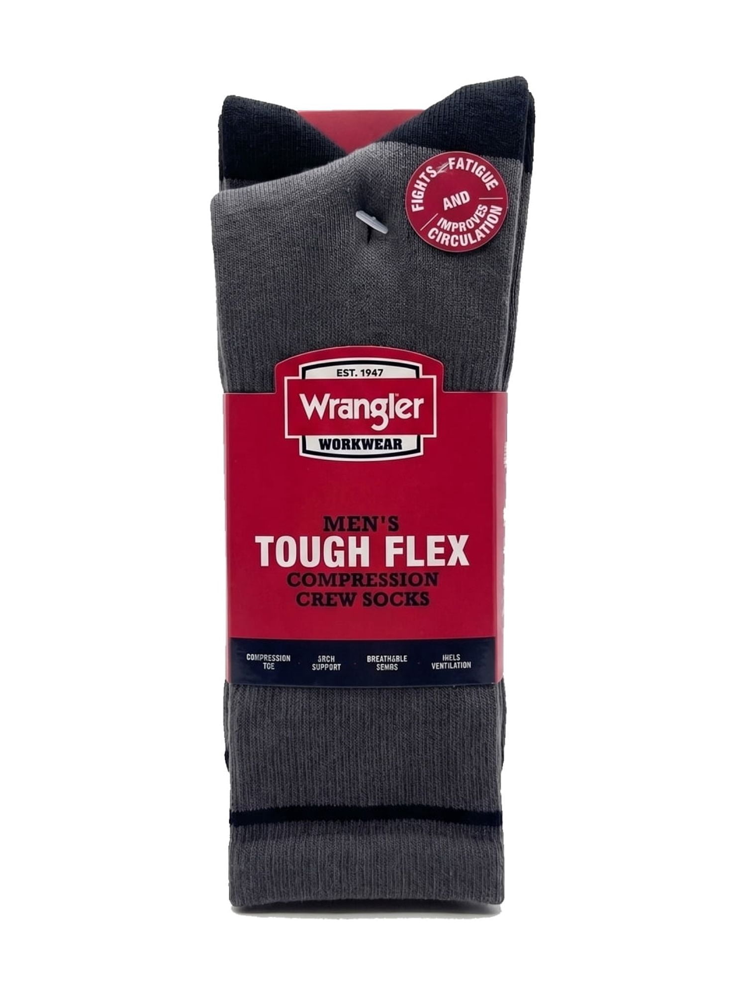 Wrangler Comfort Compression Crew Socks for Men, Size 6-12, Gray, 3 Pairs