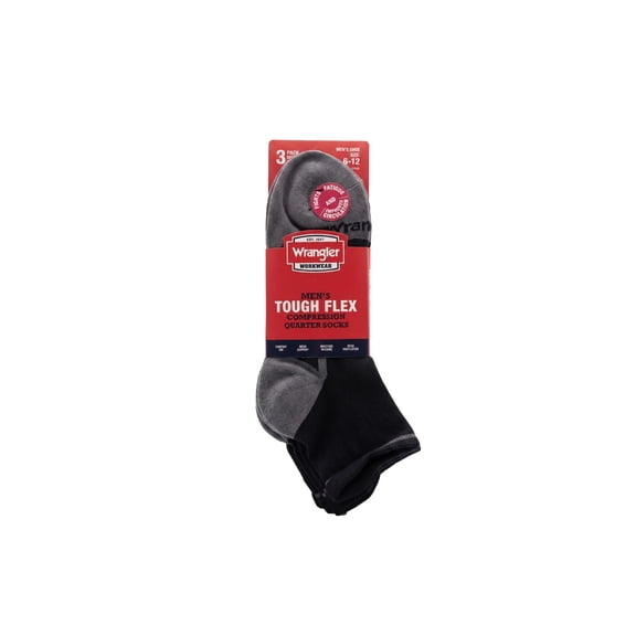 Wrangler Comfort Compression Quarter Socks for Men, Size 6-12, Black, 3 Pairs