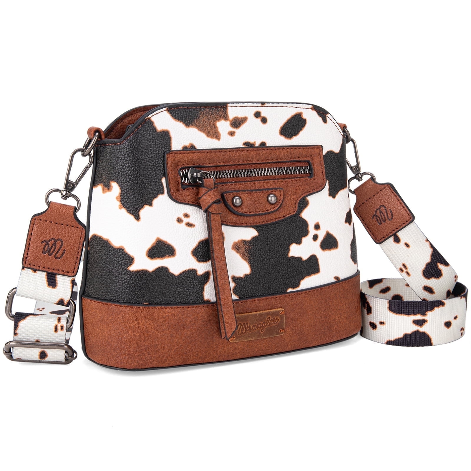 Wrangler Cow Print Crossbody Bag for Women Western Cross Body Purse with Signature Strap, Brown