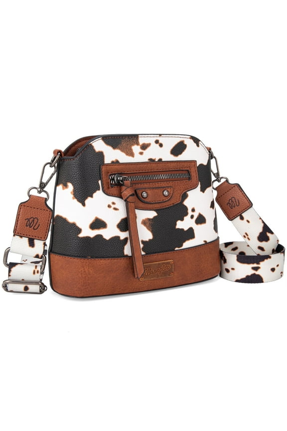 Wrangler Cow Print Crossbody Bag for Women Western Cross Body Purse with Signature Strap, Brown