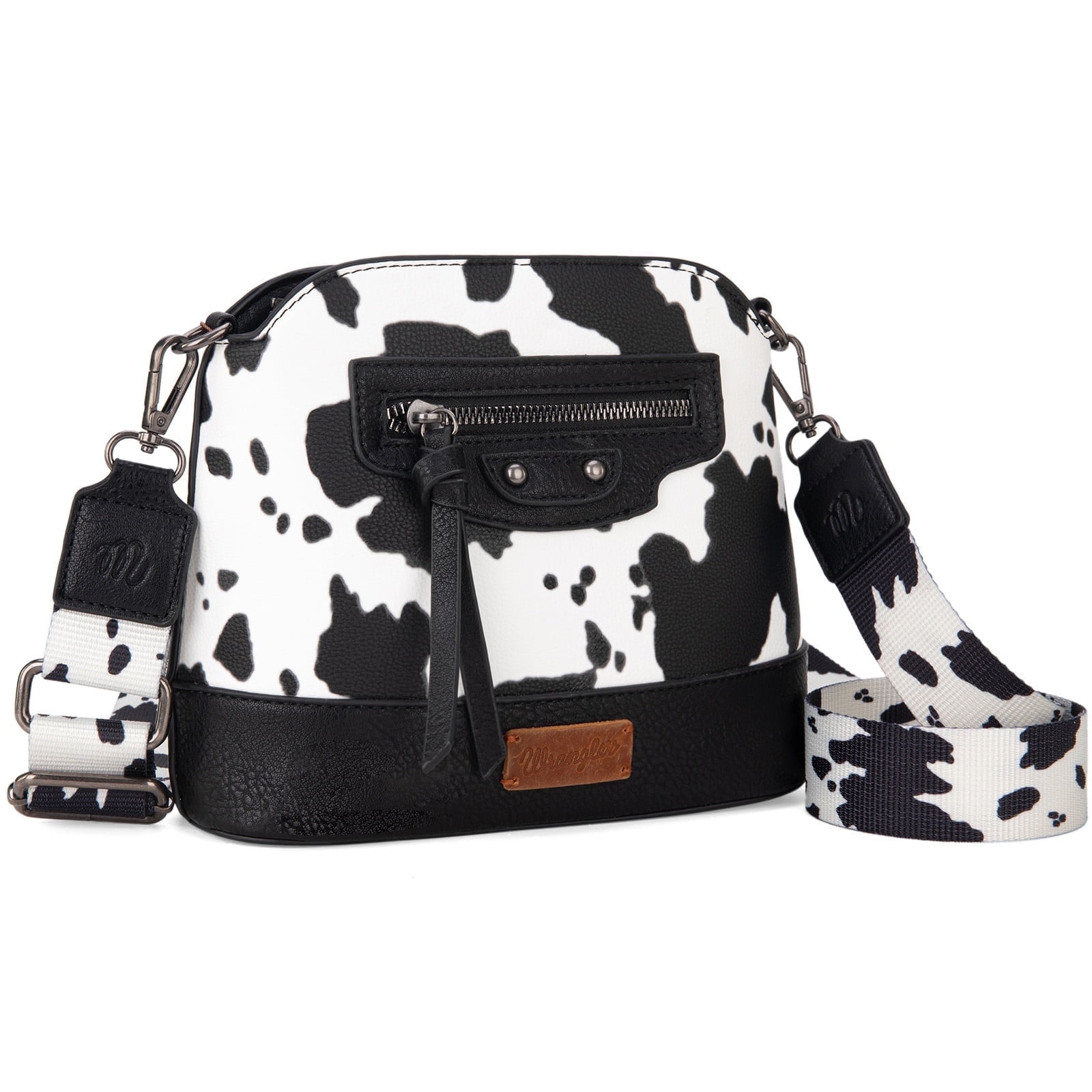 Wrangler Cow Print Crossbody Bag for Women Western Cross Body Purse with Signature Strap, Black