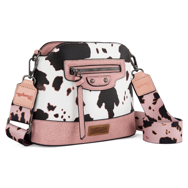 Wrangler Cow Print Concealed Carry Crossbody Bag – Montana  Wrangler Pink Cowprint Satchel with Brown Logo Patch main image 2