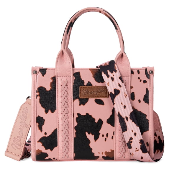 Wrangler Cow Print Tote Bag for Women Western Purse Boho Top Handle Satchel Handbag with Signature Strap, Cow-Pink
