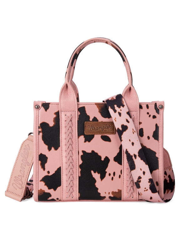 Wrangler Cow Print Tote Bag for Women Western Purse Boho Top Handle Satchel Handbag with Signature Strap, Cow-Pink