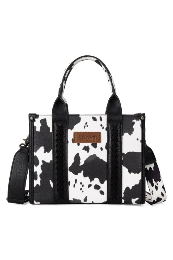 Wrangler Cow Print Tote Bag for Women Western Purse Boho Top Handle Satchel Handbag with Signature Strap, Cow-Black