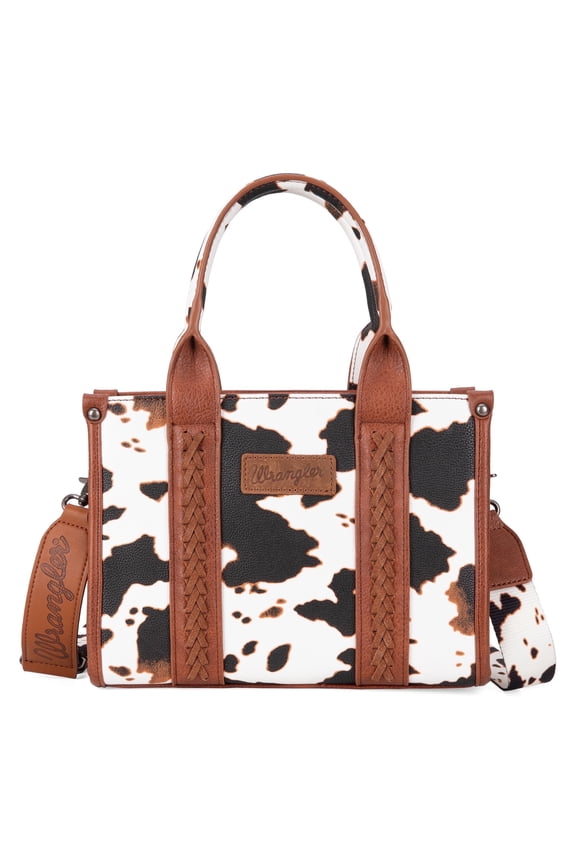Wrangler Cow Print Tote Bag for Women Western Purse Boho Top Handle Satchel Handbag with Signature Strap, Cow-Brown