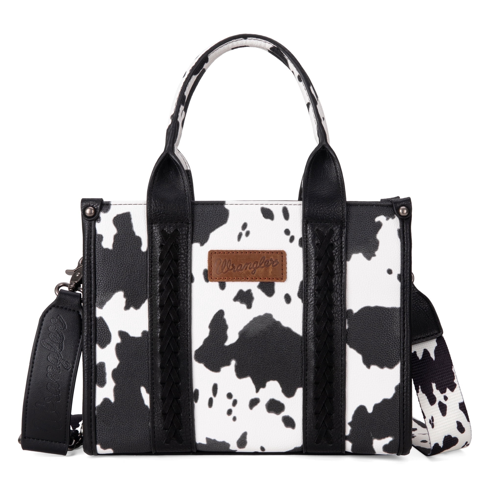 Wrangler Cow Print Tote Bag for Women Western Purse Boho Top Handle Satchel Handbag with Signature Strap, Cow-Black