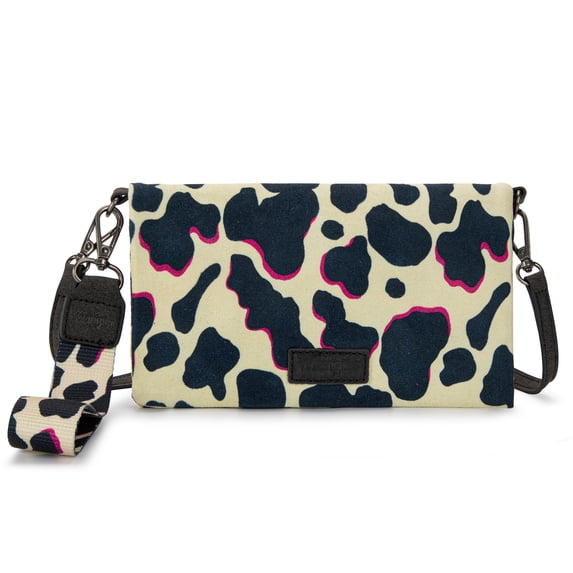 Wrangler Cow Print Wallet for Women RFID Wristlet Bifold Western Purse with Crossbody Strap, BK-Pink
