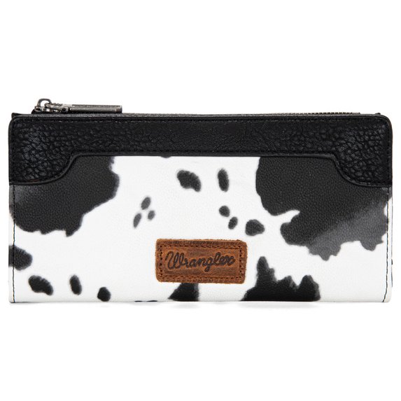 Wrangler Cow Print Bifold Wallet for Women RFID Zip Pocket & 10 Card Slots, Cow-Black